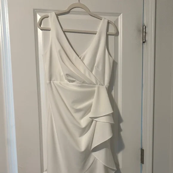 betsy and adam asymmetrical dress Petite Candace Long V- Neck Hi Low Cascade Dress Slate / 14P